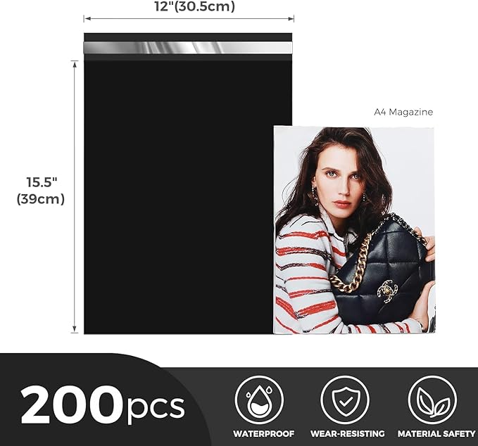 Metronic Poly Mailers 12X15.5 200 Pack, Strong Adhesive Shipping Bags for Clothing, Waterproof and Tear-Proof Shipping Envelopes, Mailers Poly Bags Packaging Bags for Business in Black