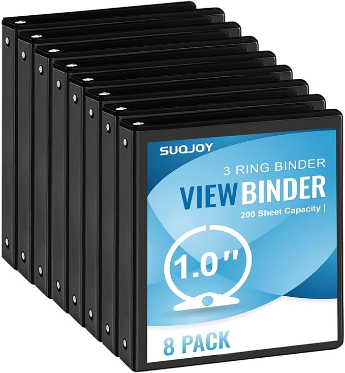 1-inch 3-Ring Binder, 1" Round Ring Binder with 2 Inside Pockets, 8 Pack Black Binders, Clear View Cover, Holds 8.5'' x 11''Paper for Office/Home/Back to School