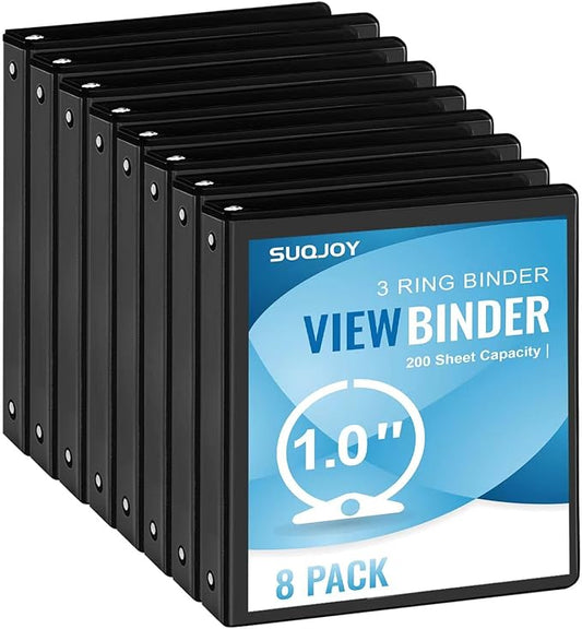 1-inch 3-Ring Binder, 1" Round Ring Binder with 2 Inside Pockets, 8 Pack Black Binders, Clear View Cover, Holds 8.5'' x 11''Paper for Office/Home/Back to School