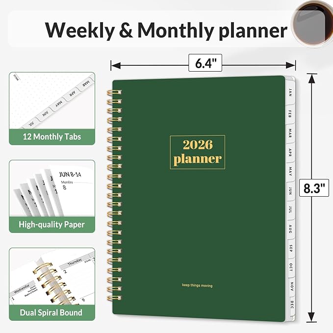 SUNEE Planner 2026 Weekly and Monthly, January 2026-December 2026, 6.4"x8.3", Tabs, Note Pages,Spiral Binding, Deep Green