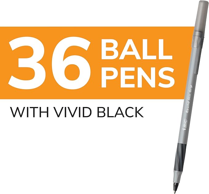BIC Round Stic Grip Xtra Comfort Black Ballpoint Pens, Medium Point (1.2mm), 36-Count Pack, Perfect Writing Pens With Soft Grip for Superb Comfort and Control