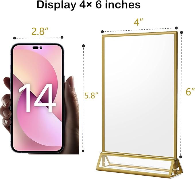 4x6 Acrylic Sign Holders 8 Pack Gold Table Number Holder for Wedding Picture Frame Double Sided Table Menu Stands with Vertical Stand, Photos and Art Display