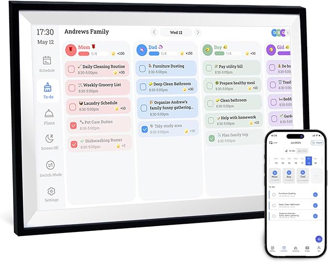 15.6" Smart Digital Calendar Frame– Touchscreen Family Calendar with Electronic Chore Chart & Digital To-Do List, Electronic Planner for Home with WiFi Sync, Desktop &Wall Smart Calendars | Black