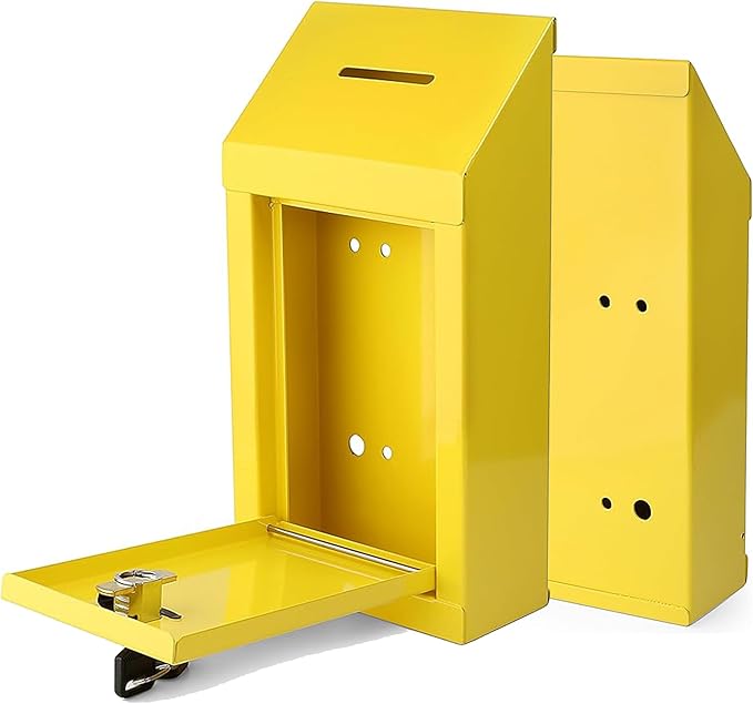 Metal Donation Box-Suggestion Box with Slot and lock-Cash Lock box for Money-Secure Drop Box-Comment and ballot voting box-comes with pre-drilled holes for easy wall mounting 10 X 6 X 2.5"(Yellow)