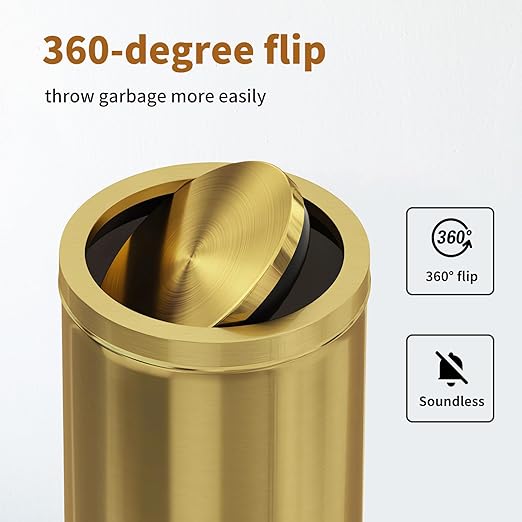 Brushed Gold Kitchen Trash Can with Swing Lid 7.8Gallon,Stainess Steel Commercial Garbage Can Wastebaskets for Shopping mall,Hotel Lobby,Airport, Elevator Entrance Using(Gold, 7.8 Gallon)