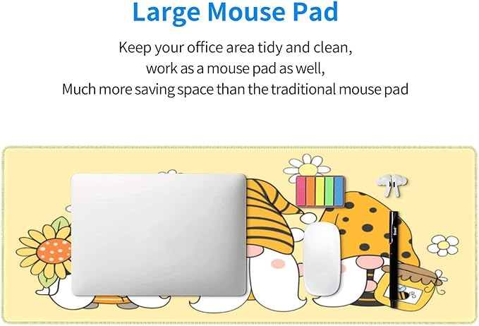 Famame Laptop Mouse Pad Cute Sunflower Bee Gnomes Desk Mat with Stitched Edges 31.5X 11.8 inch Non-Slip Large Keyboard Rubber Writing Table Mat for Office Home