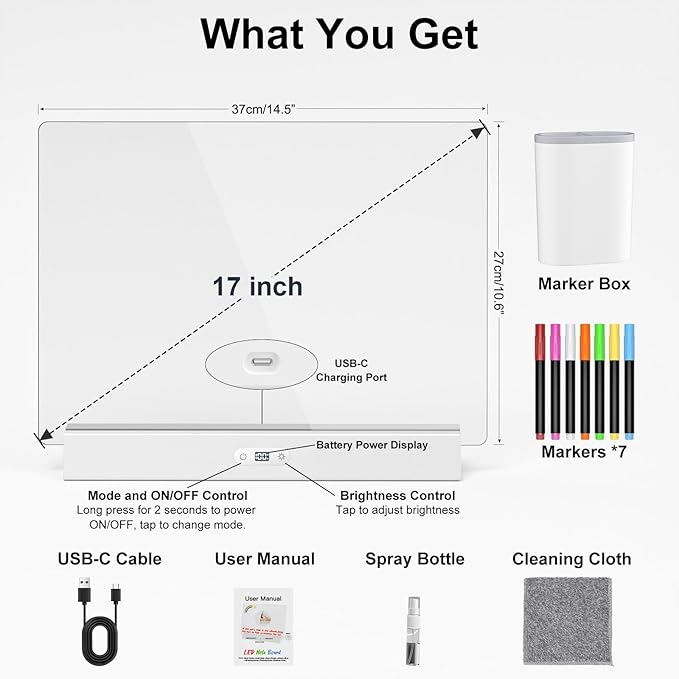 LED Note Board with Colors, Rechargeable 17-Inch Doodle Glow 9-Mode Light Up Desk Sign Letter Message Memo Drawing Dry Erase Board for Classroom/Home Decor/Office/Gifts, 5 Markers