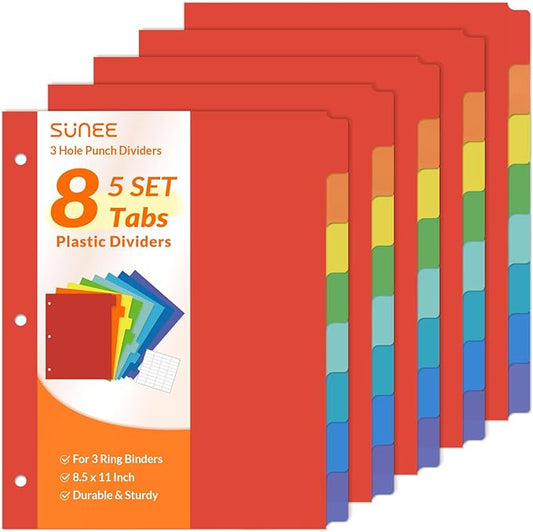 SUNEE 8 Tab Binder Dividers,Plastic Dividers for 3 Ring Binder,3 Ring Binder Dividers with Tabs for School Office Home Supplies,Bright Color, 5 Set