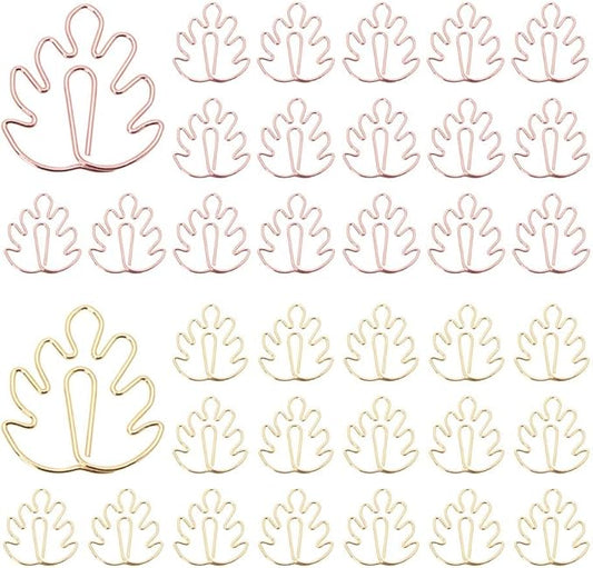 OWLFAVO 36pcs Monstera Shape Paper Clips with Clear Box, Rose Gold and Yellow Gold, Funny Cute Paperclips Bookmarks Planner Clips for Fun Office Supplies School Gifts Wedding Decoration