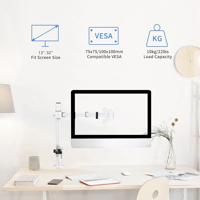 Suptek Single Monitor Arm Desk Mount Fully Adjustable Monitor Stand for 1 / One Screen up to 13" to 32" Extra Tall 15.75 inch Pole,VESA 75x75mm or 100x100mm,White (MD9421W)