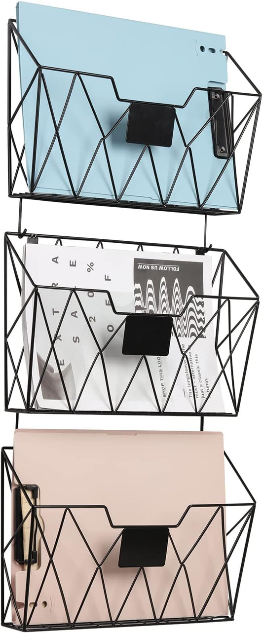 YBING Wall File Organizer for Office Hanging Wall File Holder and Basket Set of 3 Hanging File Rack with Hooks Metal Wall Storage for Office Living Room Black