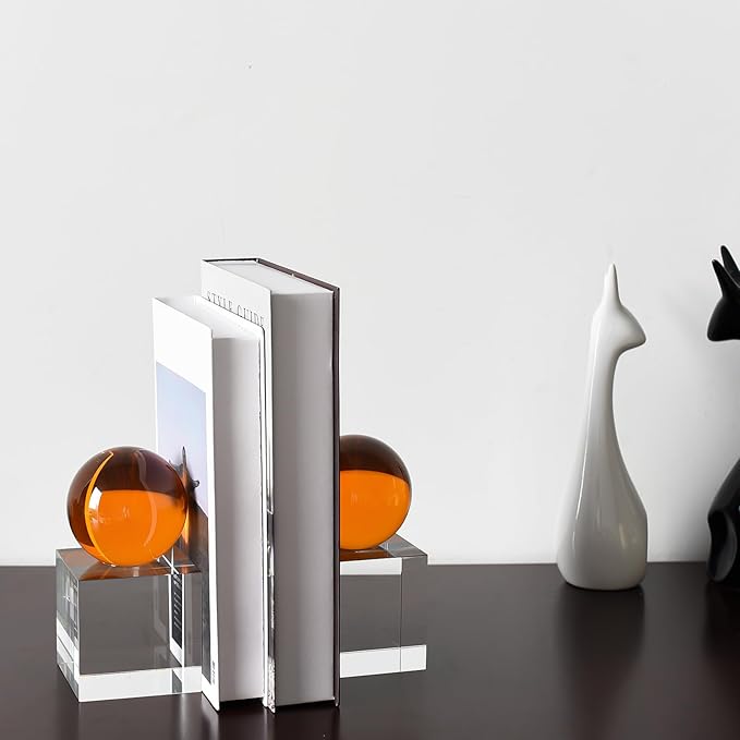 Crystal Bookends, 1 Pair of Decorative Tabletop Bookends for Office, Home, Desk, Comes with Gifed Box, Amber