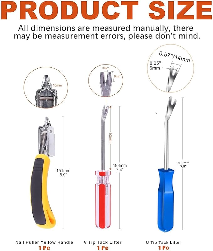 3PCS Heavy Duty Staple Remover Kit with Nail Puller, Tack Lifter Multi Tool for Upholstery, Flooring, Wooden Crates, Carpets, Walls, Construction Projects (Ergonomic Grip and Durable Steel)