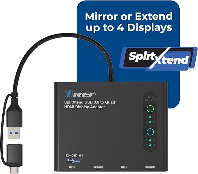 OREI SplitExtend HDMI Splitter Extended Display for Quad Monitor - Multi-Monitor Display 5 Separate Screens - USB-C Adapter to HDMI 2.0, 4K@30Hz Outputs - Windows and Mac Compatible