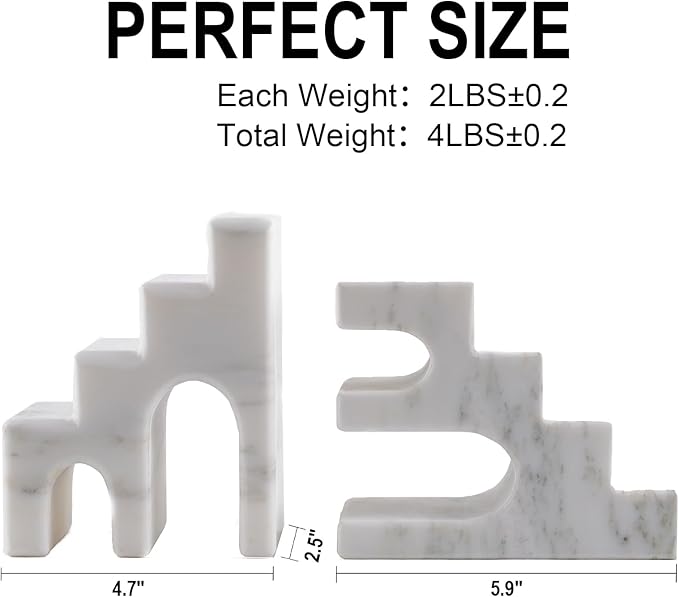 Natural Marble Book Ends for Shelves, Decorative Bookends for Heavy Books, CastleGuard Bookend Book Holder Stopper for Home Office Desk Bookshelf Decoration, Set of 2 (Oriental Calacatta)