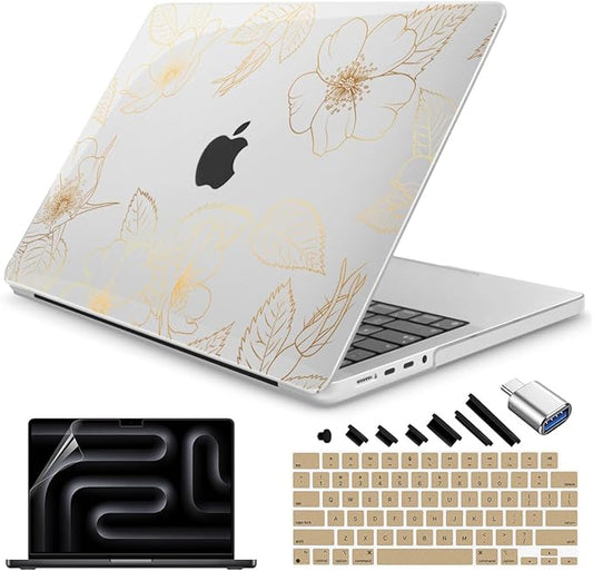 Teryeefi Compatible with MacBook Pro 16 inch Case 2025 2024 2023 2022 2021 M4 M3 M2 M1 A3403 A3186 A2991 A2780 A2485, Plastic Hard Shell&Keyboard Cover&Screen Film&Type C Adapter-Golden Flower