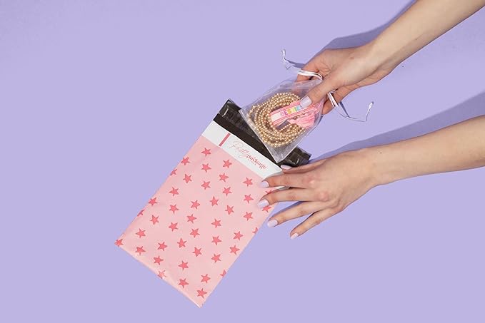 6x9 Designer Poly Mailer 100 Pack Heavy Duty Waterproof Self Seal Shipping Bags for Small Business Large Mailing Envelopes Bulk Tear Resistant Cute Packaging Seeing Stars Pink