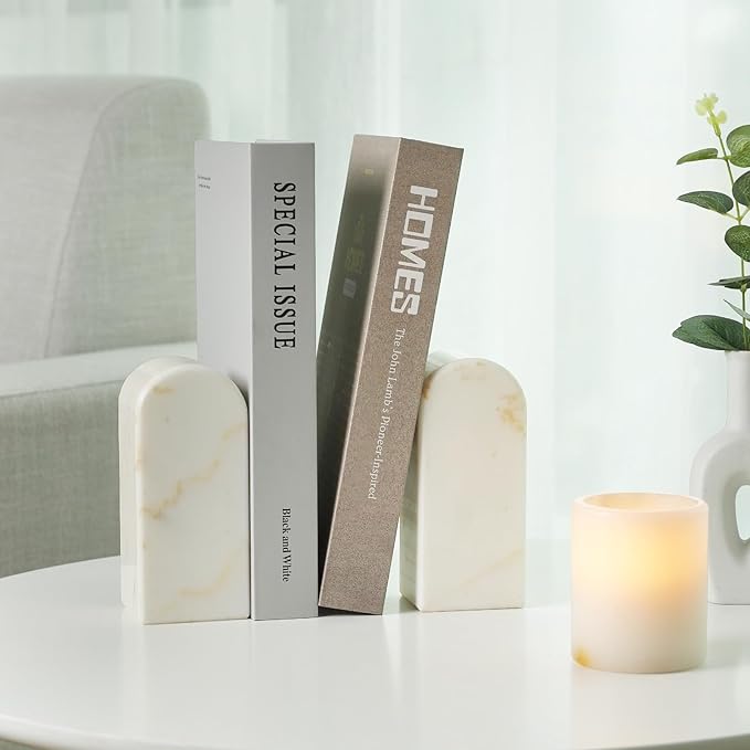 Koville Natural Marble Bookends for Shelves, Decorative Book Ends, 7lbs Heavy-Duty Marble Book Holders, Bookshelf Apartment Decor for Normal Books/CD/Video Games Calacatta