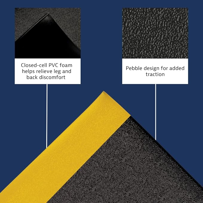 Notrax 411 Sof-Tred™ 3' x 60' x 3/8" Anti Fatigue Mat, Enhanced Slip Resistance with Beveled Edges and Pebbled Surface, Ideal for Industrial and Commercial Workplaces, Black/Yellow, 411R0336BY