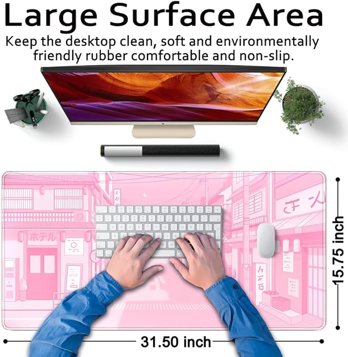 Pink Desk Mat Tokyo Street Desk Mat Anime Japanese Mouse Pad XL Kawaii Large Gaming Mousepad XXL, Cute Desktop Mat Laptop Keyboard Mouse Mat Desk Pad Big 31.5x15.7 in with Stitched Edges Non-Slip