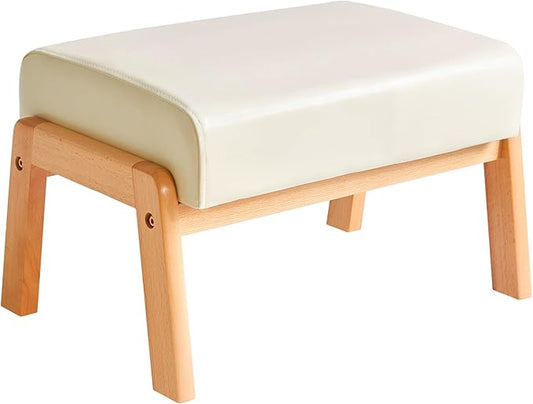 IBUYKE 10.2” H Small Foot Stool Ottoman, Rectangle PU Faux Leather Foot Rest with Padded Seat and Wood Legs, Modern Accent Ottoman Foot Rest for Living Room Bedroom Couch Office, White WBD013W