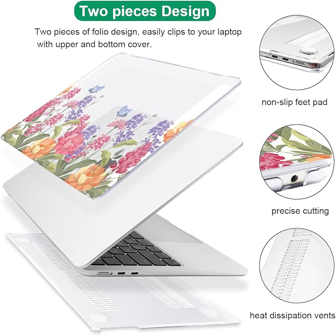 Compatible with MacBook Air 13.6 inch Case 2025 2024 2023 2022 Release A2681 A3113 A3420 Cover M4 M3 M2 Chip, Pattern Plastic Hard Shell Case Screen Film Keyboard Skin, Pink & Purple Flowers