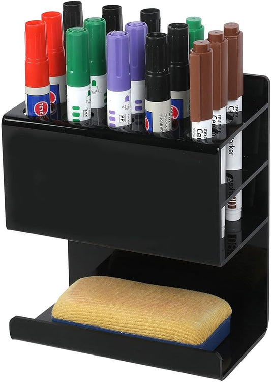 MyGift Wall Mounted Black Premium Acrylic Dry Erase Marker and Eraser Holder Rack with 15 Round Slots and Storage Ledge, Meeting Room Classroom Dorm Office or Home Whiteboard Accessory Rack