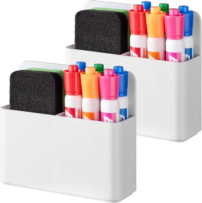 BEYGORM 2 Pack Plastic Magnetic Pen Holder for Refrigerator, Dry Erase Marker Holder for Whiteboard，Magnet School Locker Organizer Accessories, Pencil Cup, Pen Caddy, Classroom Organization(White)