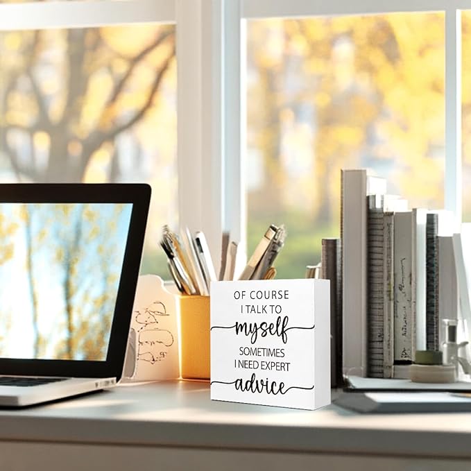 Of Course I Talk To My Shelf Sign for Women, Funny Office HR Wood Block Sign Desk Decor, Humorous Office Cubicle Desk Accessories Decor Signs 5x5x1 INCH