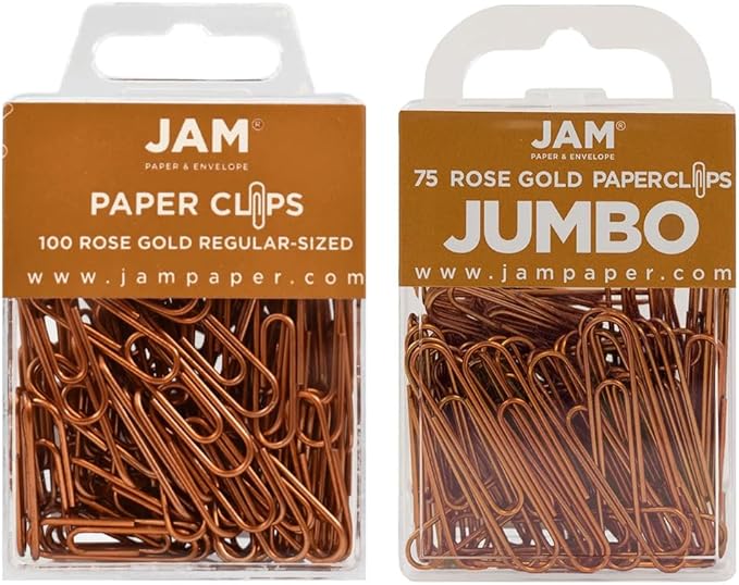 JAM PAPER Combo Pack Colorful Paper Clips - Standard & Jumbo - Rose Gold Paperclips - 1 Pack of 100 & 1 Pack of 75