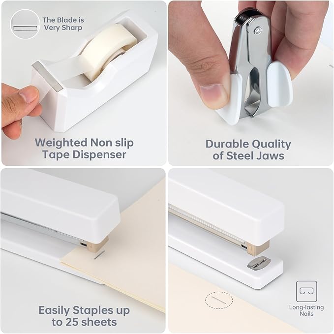 White Office Supplies, White Desk Office Supplies and Accessories, Stapler and Tape Dispenser Set for Women, Office Gift for Women, Office Lady, Coworkers, Office Clerks