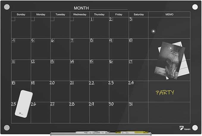 TOWON 47 x 35 Inch Glass Dry Erase Board Reminder, Magnetic Whiteboard Calendar Yearly, Monthly Planner Set for Office, Kitchen and School, Black