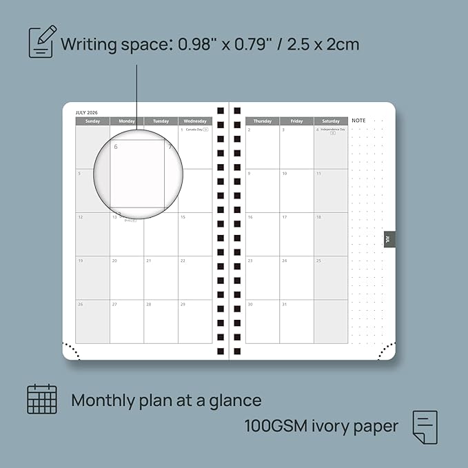 POPRUN Pocket 2026 Planner (Small Size- 4'' x 6.25'') Weekly and Monthly for Purse - Calendar 2026 (Jan. 2026 - Dec.2026) with Soft Cover, Plastic Ruler - Grey
