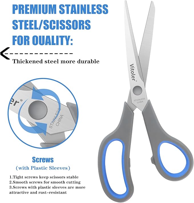 Vitoler Scissors, Heavy Duty Scissors All Purpose Bulk Set of 3-Pack，Sharp Scissor for Office School Craft Sewing Fabric, Right/Left Hand