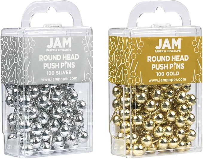JAM PAPER Colorful Push Pins - Round Head Map Thumb Tacks - Silver & Gold Pushpins - 2 Packs of 100