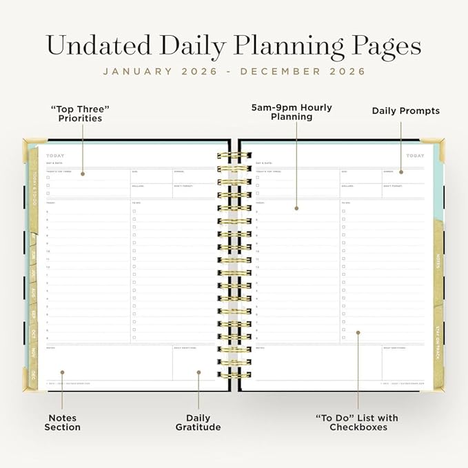 Day Designer 2026 Weekly Planner – Premium Planner for Stylish Organization. Combines Weekly & Monthly Calendars, Daily Schedule, Notes Pages, Goal Setting, Stickers, Pocket & More. Elegant Laminated Cover with Gold Accents (Black Stripe Design - 2026)