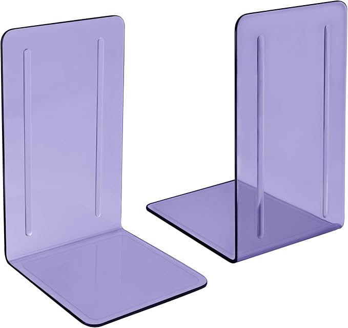 Acrimet Bookends 1 Pair, Clear Plastic Bookends for Shelves or Desktop, Book Holder for Home, Office, Library, School (Clear Purple Color)