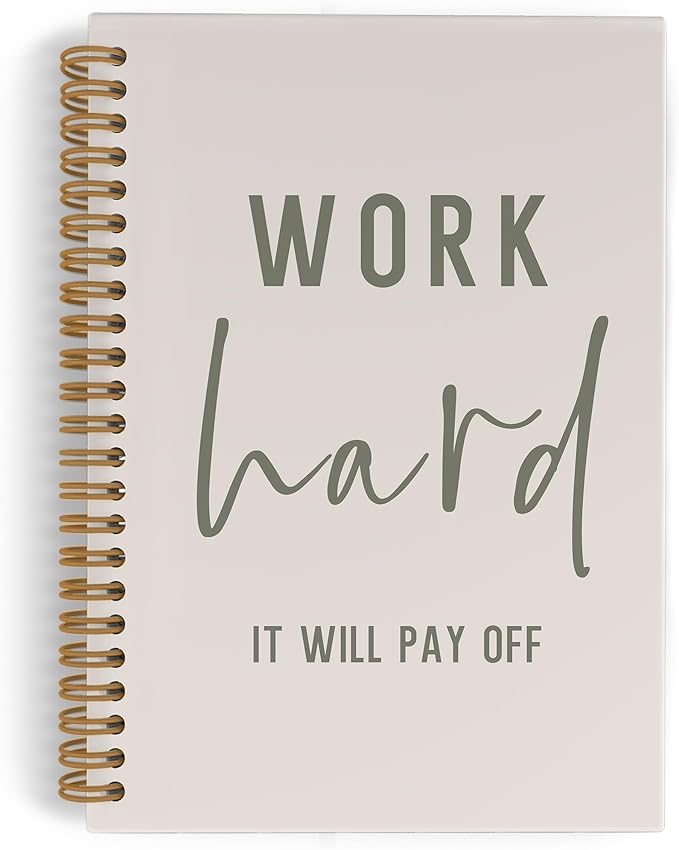 QLMX Work Hard Motivational Spiral Notebook, Inspirational Journal Notebook, Beige Motivational Gifts Notebooks for Work, Inspirational Office Supplies Gifts for Women Men Coworkers Employee, 5.5x8.3