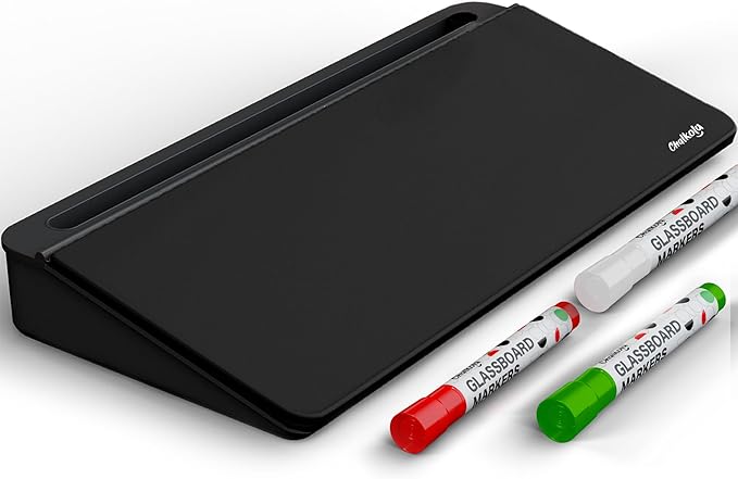Chalkola Black Glass Desktop Whiteboard with Storage - Dry Erase Board, Work Desk Organizers, Computer Keyboard Stand, Home Office Desk Accessories, Workspace Desktop Buddy + 3 Markers
