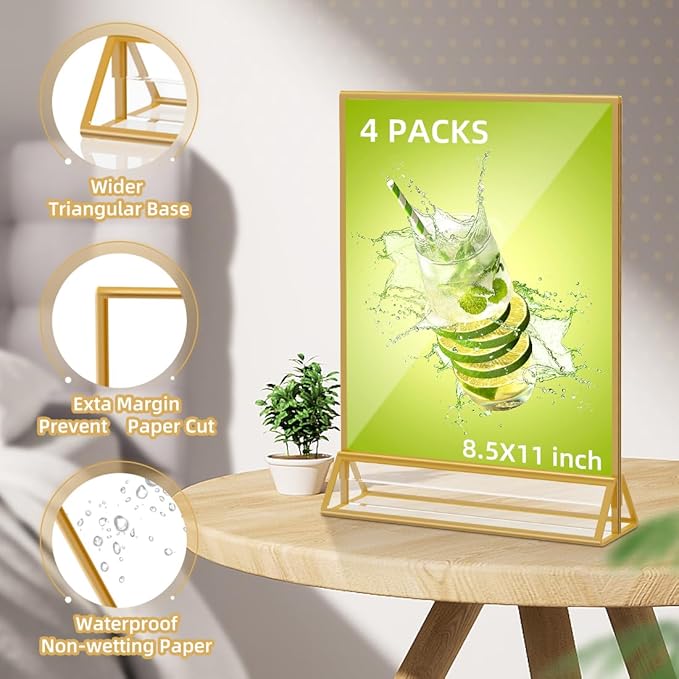 Acrylic Sign Holder 8.5X11 Double Sided Clear Display Stand, Gold Plastic Display Stand for Home Office Shop Restaurant (4pcs)