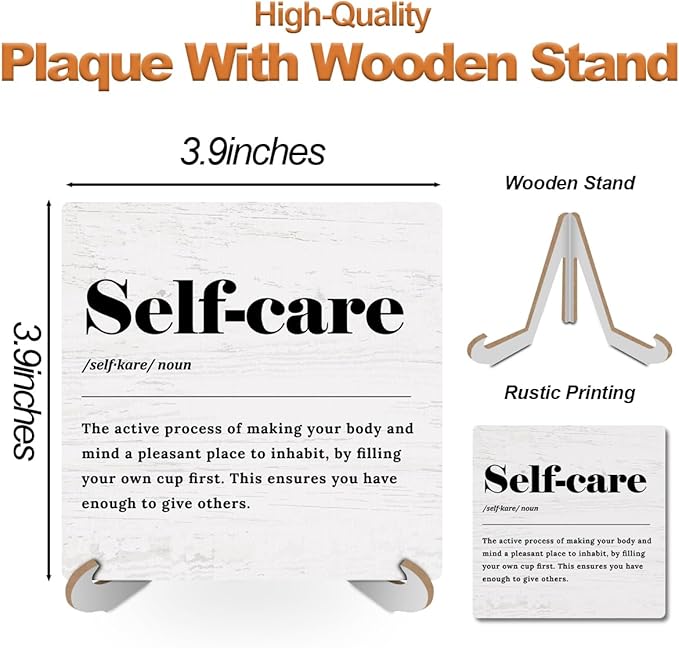 Self Care Definition Wood Sign Desk Decor Motivational Mental Health Rustic Office Cubicle Decor Inspirational Quotes Plaque with Wooden Stand Therapist Office Desk Accessories for Home Table Shelf
