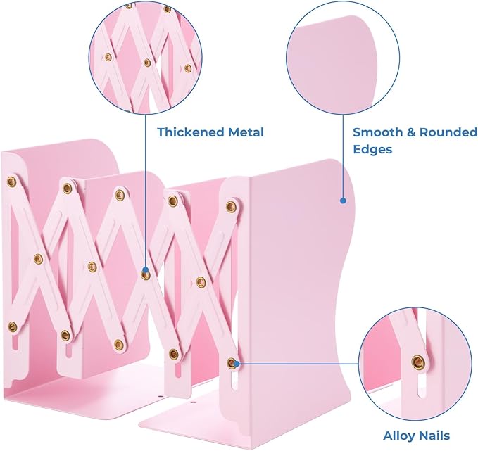 M&G Adjustable Bookends Book Ends for Shelves, Metal Bookend for Heavy Books, Desk Magazine File Organizer Holder Extends up to 20in, Book Stopper for Home, Office, Classroom (Pink)