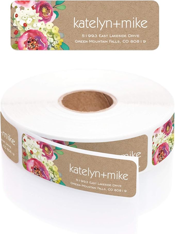 Kraft Faux Look Floral Rolled Address Labels/Roll of 250 Personalized Address Labels/Designer Return Address Stickers in Elegant Plastic Dispenser