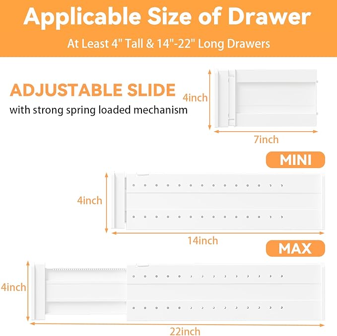 REBECAT 8 Pack Drawer Dividers for Clothes Adjustable Drawer Dividers 4" High Expandable from 15"-21" for Dresser Baby Clothes Bathroom,Bedroom Kitchen and Office Storage，White