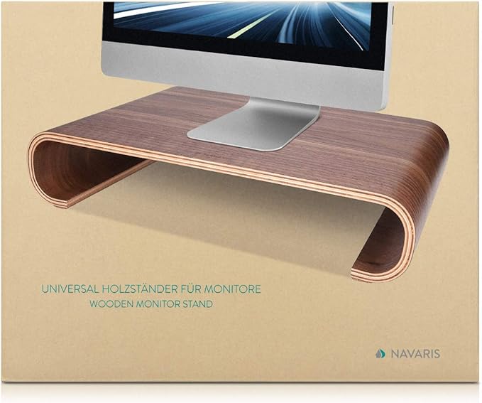 Navaris Wood Monitor Stand Riser - Computer Desk Organizer Desktop Dock Wooden Mount Display for PC TV Screen Notebook Laptop - Oak with White Stain