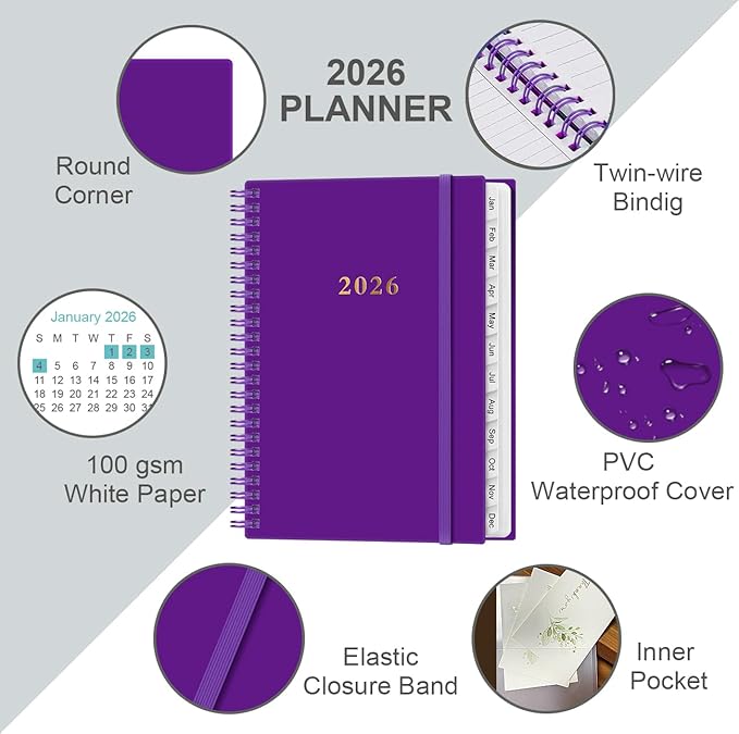 2026 Planner - Planner 2026 from January 2026 - December 2026, Weekly & Monthly Planner Spiral Bound with 12 Monthly Tabs, Inner Pocket, 6.4" x 8.5", Purple-B