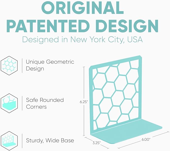 GEOMOD Geometric Honeycomb Turquoise Metal Bookends Decorative - Tall Sturdy Book Ends for Shelves - Modern Heavy Duty Bookend Stopper - Office Shelf Book Holder - 6x3.25x6.25 Inches - 1 Pair