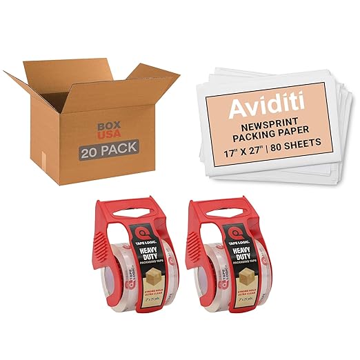 BOX USA Moving Boxes Medium 18"L x 14"W x 12"H 20-Pack & Heavy Duty 2in x 25yd Clear Packaging Tape with Dispensers 2-Pack & Newsprint Packing Paper 80-Sheets