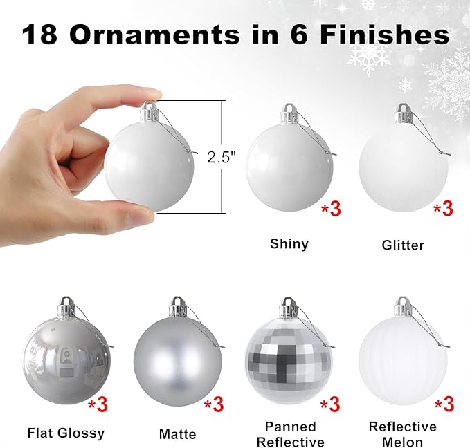 White & Silver 2.5" Christmas Balls Christmas Tree Decoration Ornaments Shatterproof Hanging Balls for Birthday Halloween Holiday Wedding Decorations Set of 18pcs