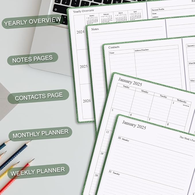 Planner 2025-2026 - 18 Months Academic Planner 5.8" x 8.5", 2025-2026 Weekly & Monthly Agenda with Pen Holder, Vegan Leather Hard Cover, Green